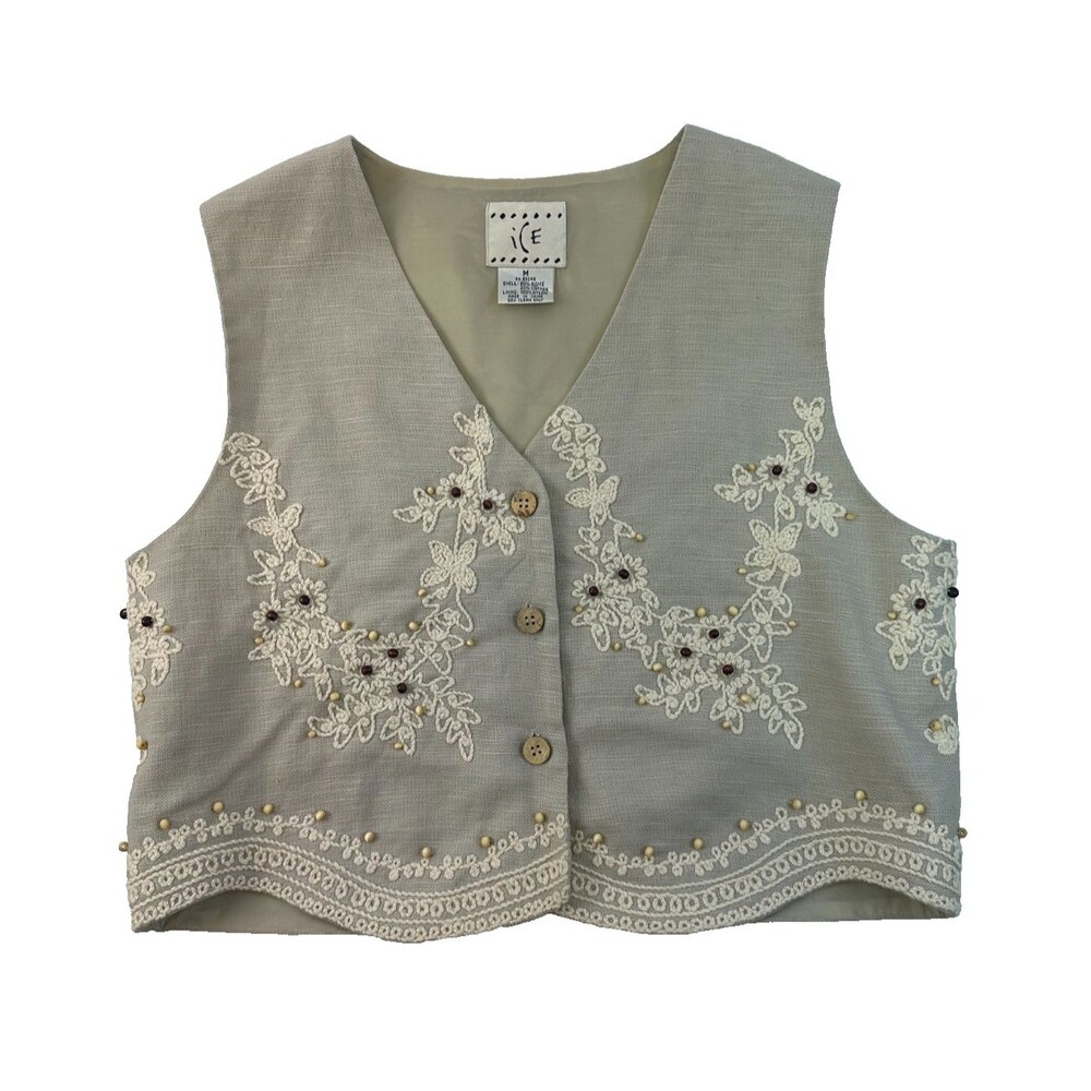 Vintage Ice Embroidered Vest Beaded Cottagecore Button Floral Beige Ramie Cotton
